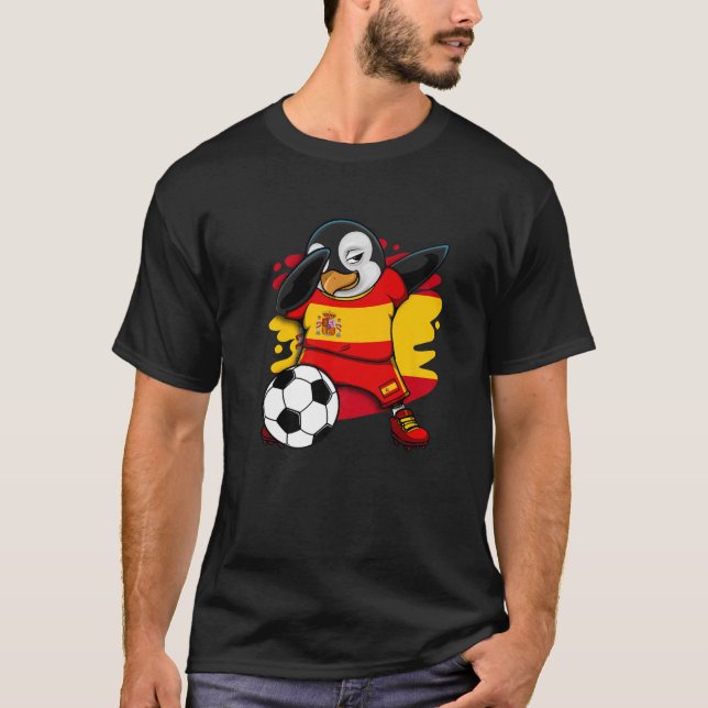 Dabbing Penguin Spain Soccer Fans Jersey Flag Foot T-Shirt (Front)