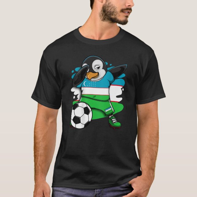 Dabbing Penguin Uzbekistan Soccer Fans Jersey Foot T-Shirt (Front)