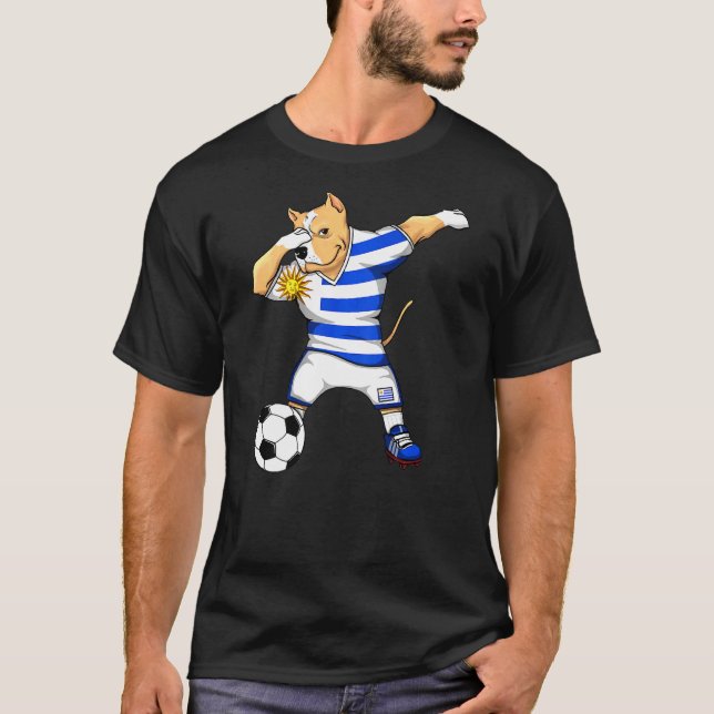Dabbing Pitbull Dog Uruguay Soccer Fans Jersey Foo T-Shirt (Front)