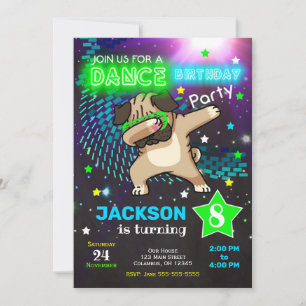 Dabbing Pug Birthday Invitation / Boy Dance Party