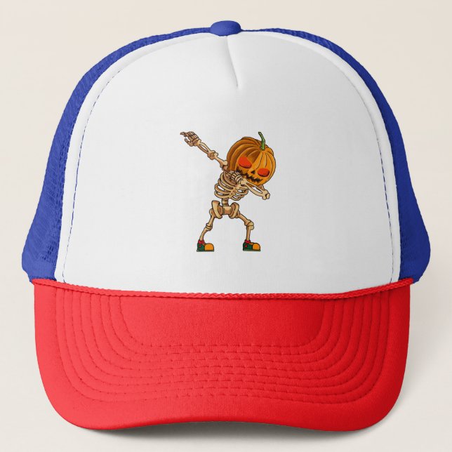Dabbing Pumpkin - Scary Skeleton Costume - Funny H Trucker Hat (Front)