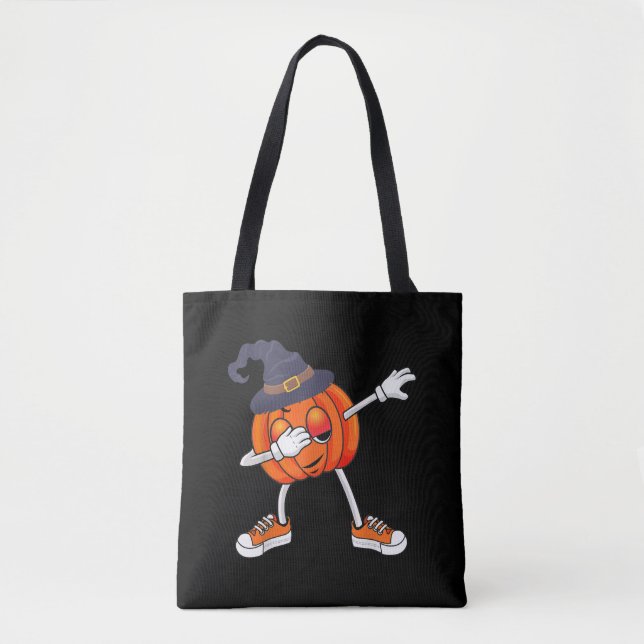 Dabbing Pumpkin Wear Witch Hat Halloween Gift Tote Bag (Front)