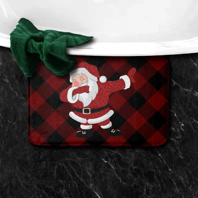 Dabbing Red Plaid Santa Claus | Fun Rustic Buffalo Bath Mat (Creator Uploaded)