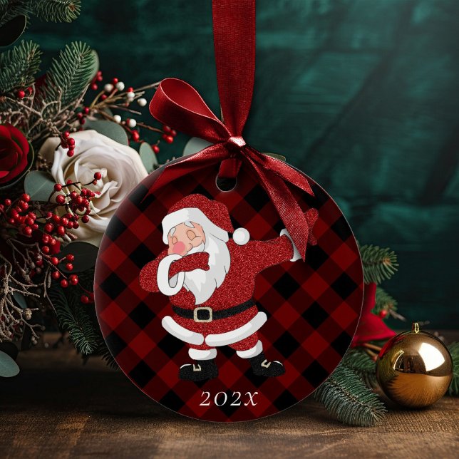 Dabbing Red Plaid Santa Claus | Fun Rustic Buffalo Ceramic Ornament (Creator Uploaded)