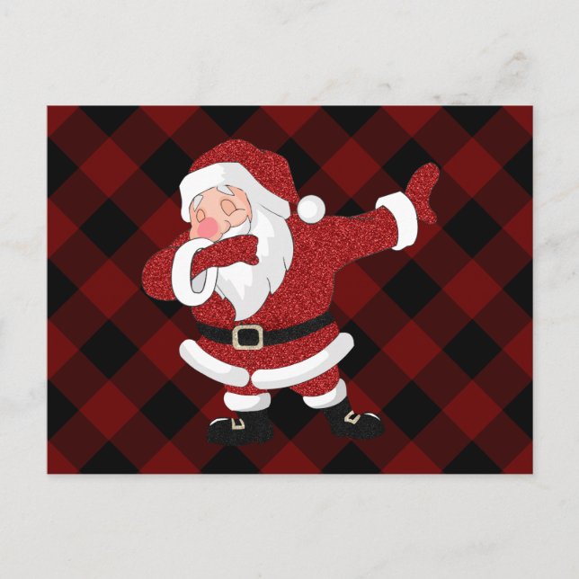 Dabbing Red Plaid Santa Claus | Fun Rustic Buffalo Holiday Postcard (Front)