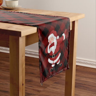 Dabbing Red Plaid Santa Claus   Fun Rustic Buffalo Short Table Runner