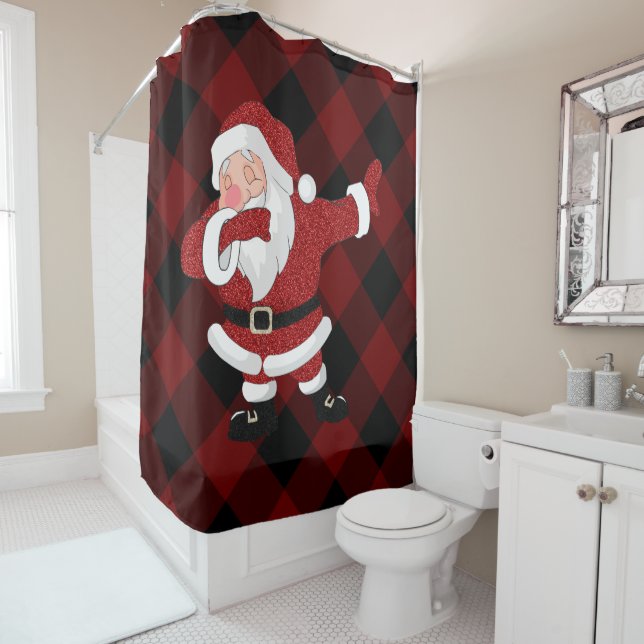 Dabbing Red Plaid Santa Claus | Fun Rustic Buffalo Shower Curtain (In Situ)