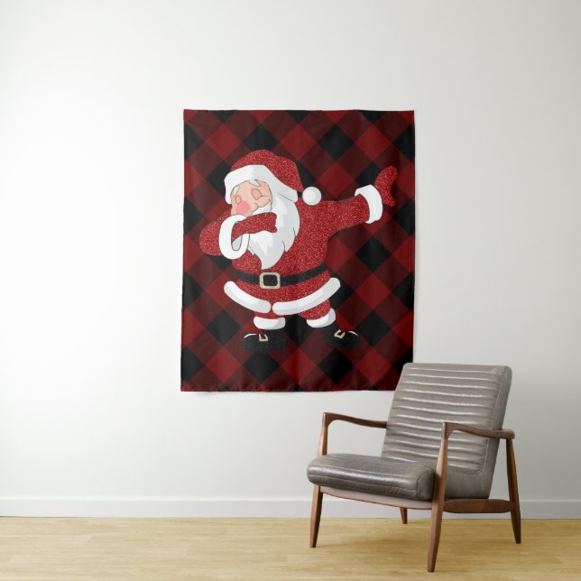 Dabbing Red Plaid Santa Claus | Fun Rustic Buffalo Tapestry (In Situ)