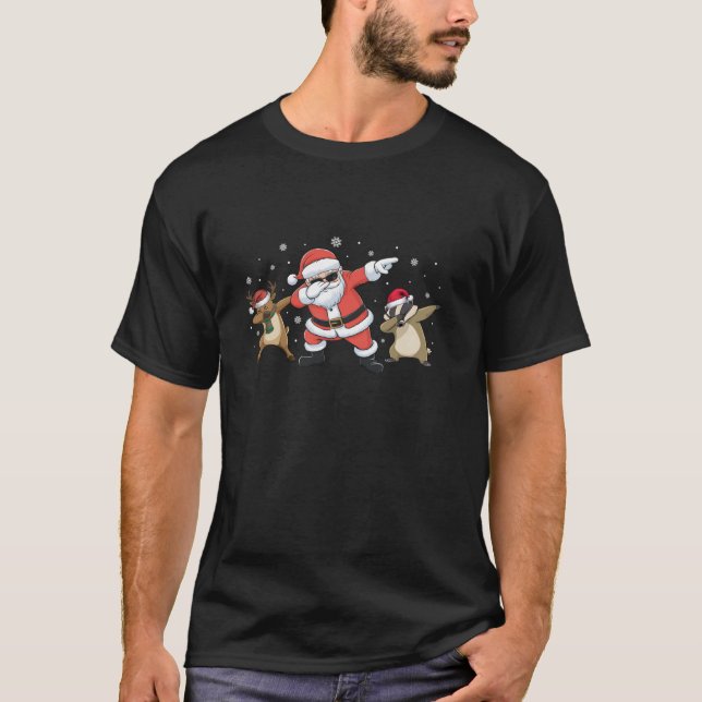 Dabbing Reindeer Badger Santa Funny Christmas Paja T-Shirt (Front)