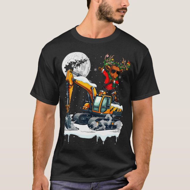 Dabbing Reindeer On Excavator Truck Christmas Driv T-Shirt (Front)