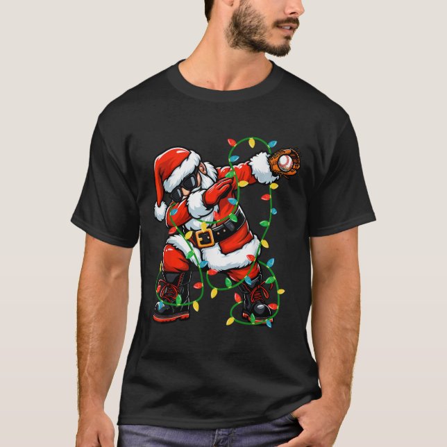 Dabbing Santa Baseball Christmas Lights Xmas Baseb T-Shirt (Front)