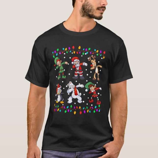 Dabbing Santa Elf Friend Christmas Lights Xmas Squ T-Shirt (Front)