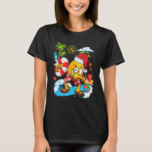 Dabbing Santa Pineapple Playing On Beach Christmas T-Shirt (Front)