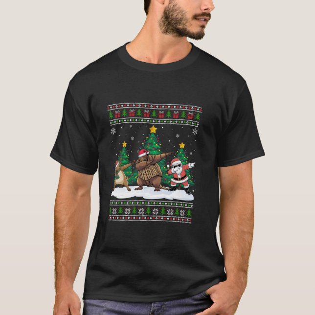 Dabbing Santa Reindeer Armadillo Tree Lights Ugly  T-Shirt (Front)