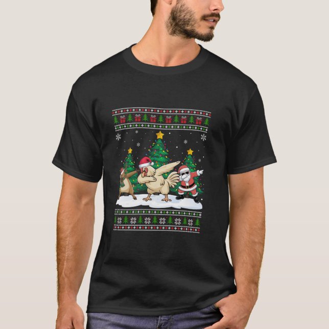 Dabbing Santa Reindeer Chicken Tree Lights Ugly Xm T-Shirt (Front)