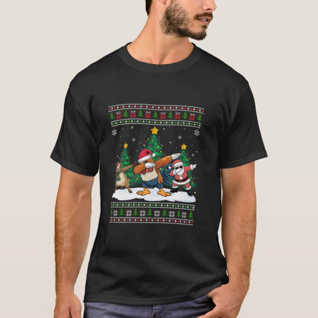 Dabbing Santa Reindeer Rooster Tree Lights Ugly Xm T-Shirt (Front)