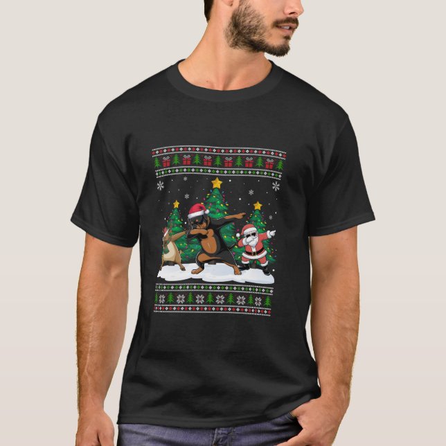 Dabbing Santa Reindeer Rottweiler Dog Tree Lights  T-Shirt (Front)