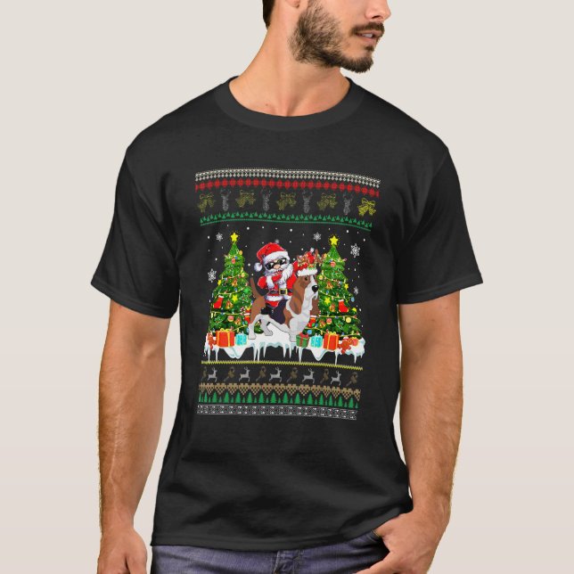 Dabbing Santa Sunglasses Riding Reindeer Basset Ho T-Shirt (Front)