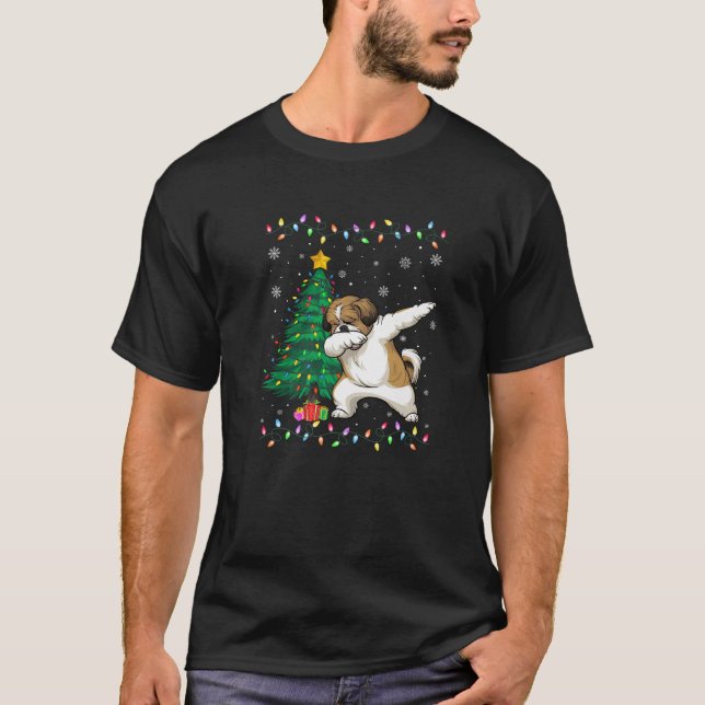 Dabbing Shih Tzu Dog Xmas Tree Lights Ugly Christm T-Shirt (Front)