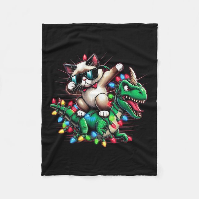 Dabbing Siamese Cat Xmas Lights Dinosaur T Rex Kid Fleece Blanket (Front)