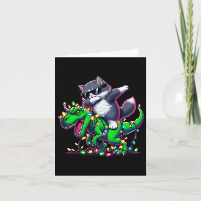 Dabbing Siberian Cat On Xmas Lights Dinosaur T Rex Card (Front)