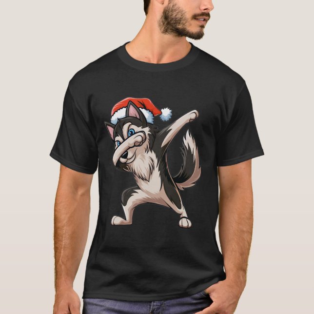 Dabbing Siberian Husky Santa Hat Christmas Dab Dan T-Shirt (Front)