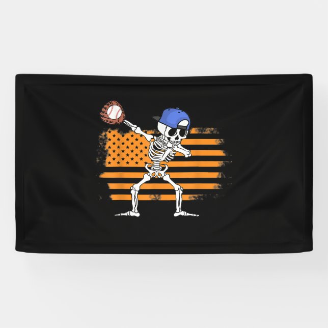 Dabbing Skeleton Baseball Funny Halloween Banner (Horizontal)