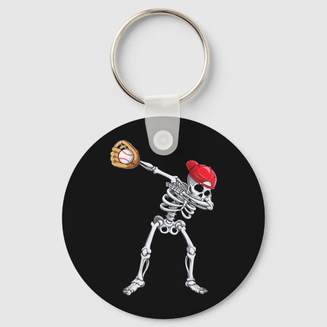Dabbing Skeleton Baseball Halloween Player Catcher Key Ring (Front)