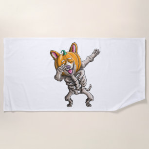Dabbing Skeleton Corgi Cute Halloween Corgi Funny Beach Towel