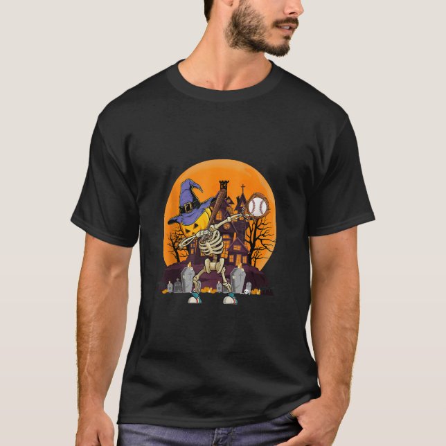 Dabbing Skeleton Halloween Witch Playing Baseball  T-Shirt (Front)