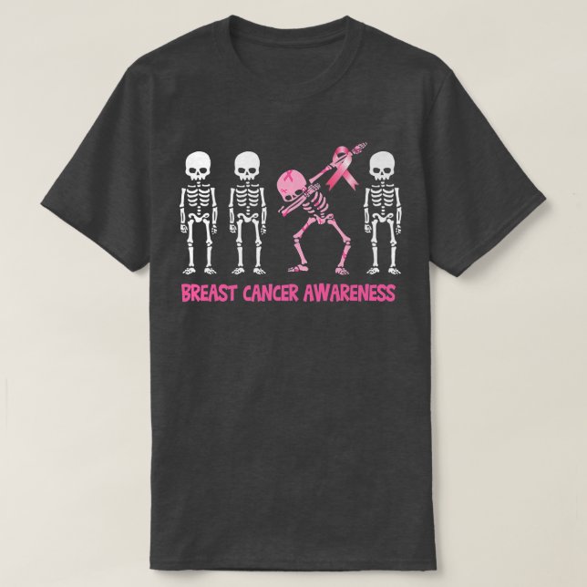 Dabbing Skeleton Pink Ribbon Breast Cancer Hallowe T-Shirt (Design Front)