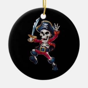 Dabbing Skeleton Pirate Halloween Kids Jolly Roger Ceramic Ornament