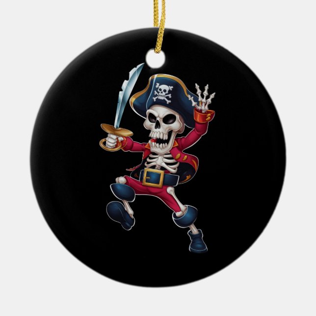 Dabbing Skeleton Pirate Halloween Kids Jolly Roger Ceramic Ornament (Front)