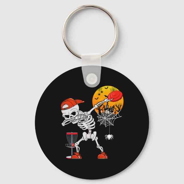 Dabbing Skeleton Playing Disc Golf Halloween Playe Key Ring (Front)