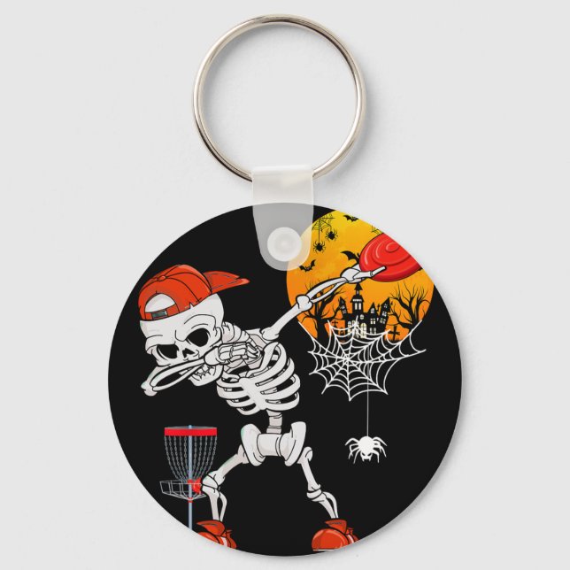 Dabbing Skeleton Playing Disc Golf Halloween Playe Key Ring (Front)