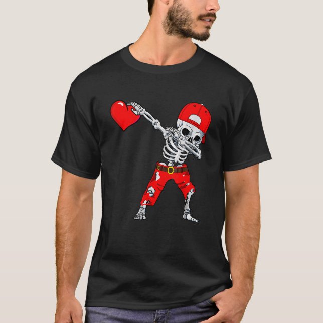 Dabbing Skeleton With Heart Love Valentine's Day B T-Shirt (Front)