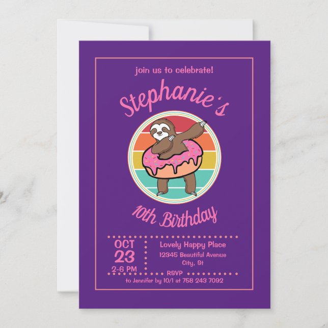 Dabbing Sloth with Doughnut Birthday Party Invitation (Front)