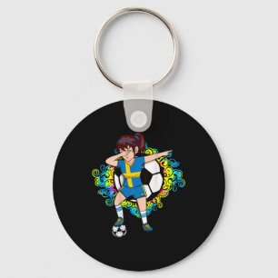 Dabbing Soccer Girl Sweden Fan Jersey Floral Footb Key Ring