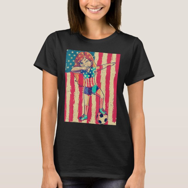 Dabbing Soccer Women Girl USA 4th of July American T-Shirt (Front)