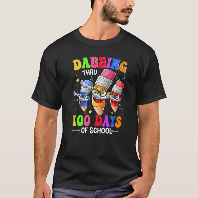 Dabbing Thru 100 Days Of School Crayon Teacher Kid T-Shirt (Front)