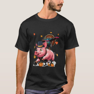 Dabbing Turkey Riding Pig Thanksgiving Farmer Kids T-Shirt