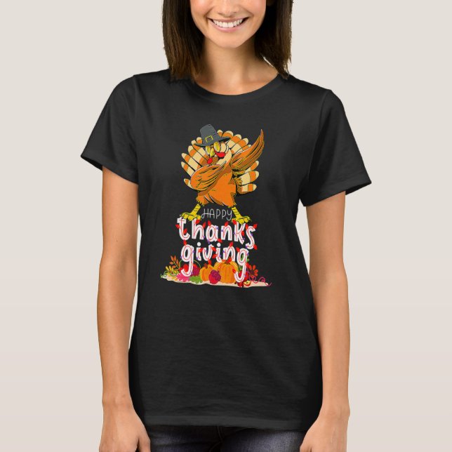 Dabbing Turkey Thanksgiving Day Pilgrim Boys Girls T-Shirt (Front)