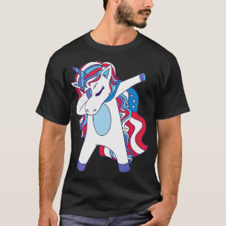 Dabbing Unicorn 4th of July Girls American Flag  T-Shirt