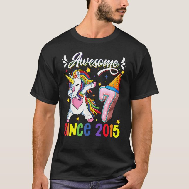 Dabbing Unicorn 7th Birthday Awesome 2015 7 Year O T-Shirt (Front)