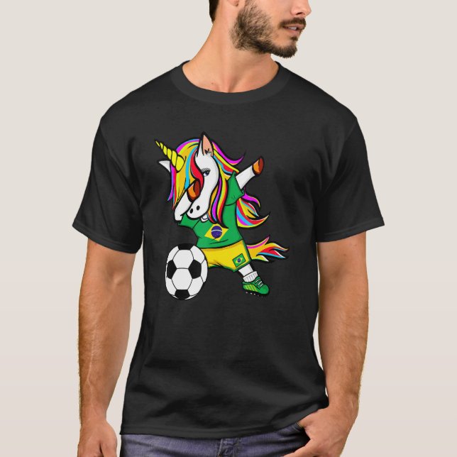 Dabbing Unicorn Brazil Football Brazilian Flag Soc T-Shirt (Front)