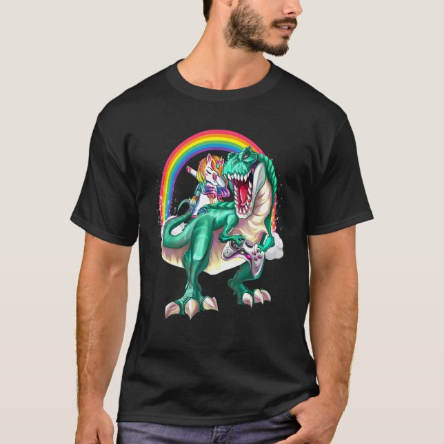 Dabbing Unicorn Dinosaur Game Controller Rainbow B T-Shirt (Front)