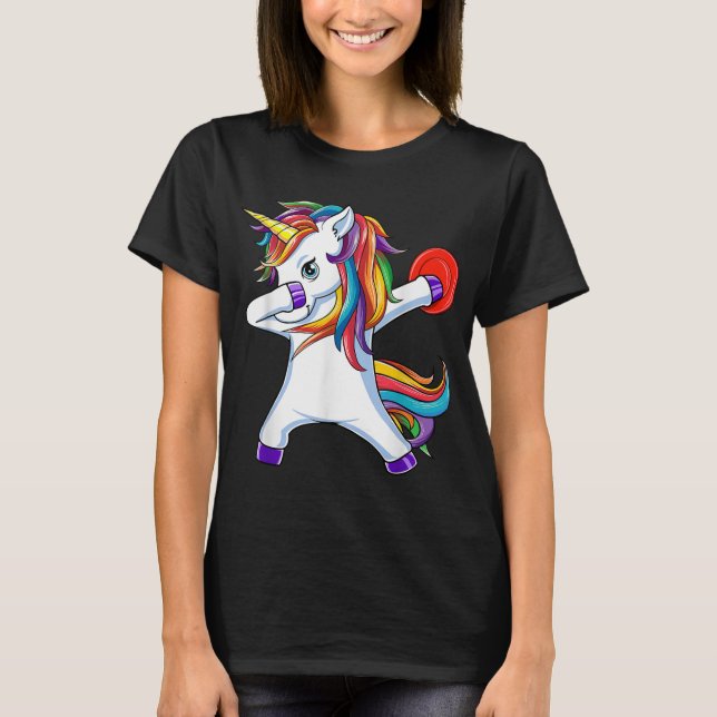 Dabbing Unicorn Funny Flying Disc Golf Player T-Shirt (Front)