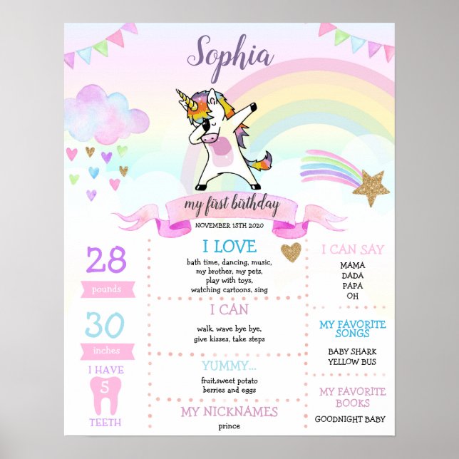 Dabbing Unicorn Girl First Birthday Milestone Poster (Front)