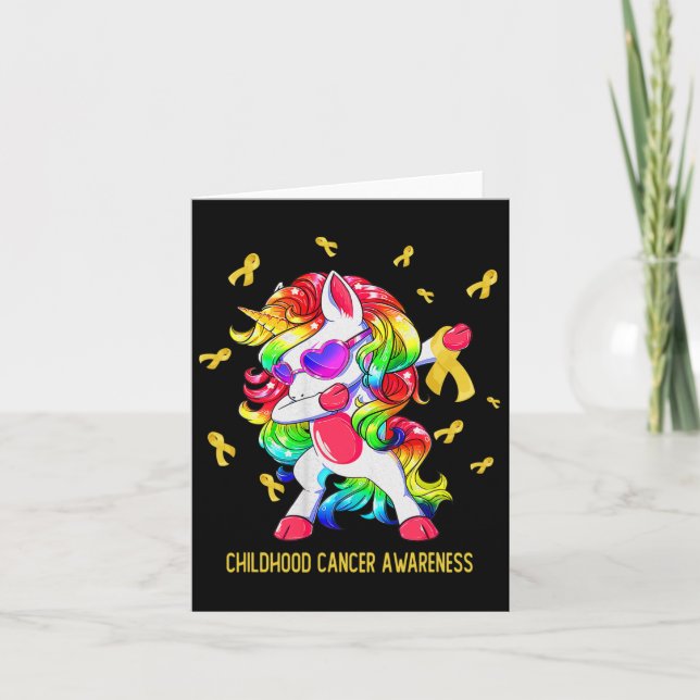 Dabbing Unicorn Gold Ribbon Childhood Cancer Aware Card (Front)