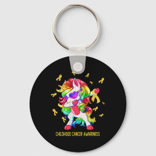 Dabbing unicorn gold ribbon childhood cancer aware key ring